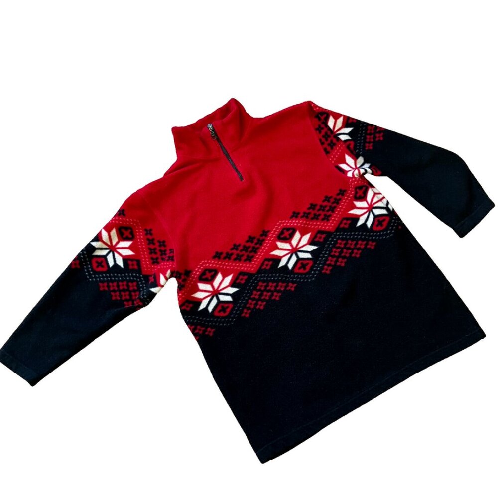 Print Fleece Pullover Sweater Zip Neck Vintage 90s Red/Black Snowflake Oversized